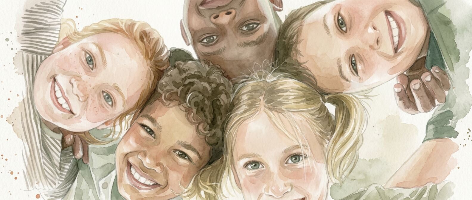 Painting of five smiling children of different backgrounds with their heads together, looking upward