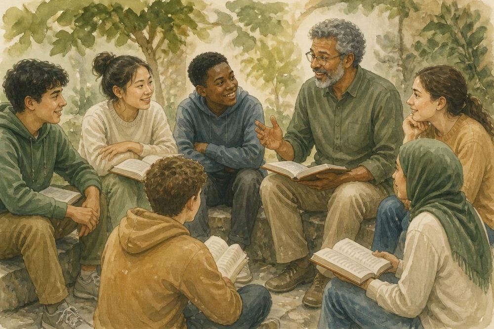 Painting of junior youth sitting in a circle outdoors with their animator, books open on their laps