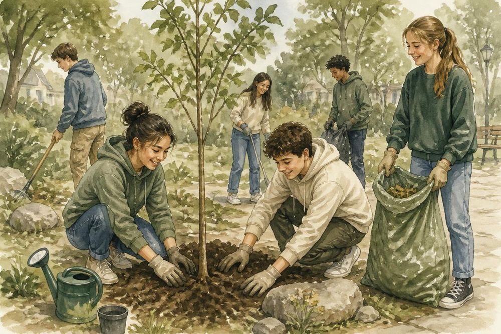 Painting of junior youth planting a tree and tidying a neighbourhood park together